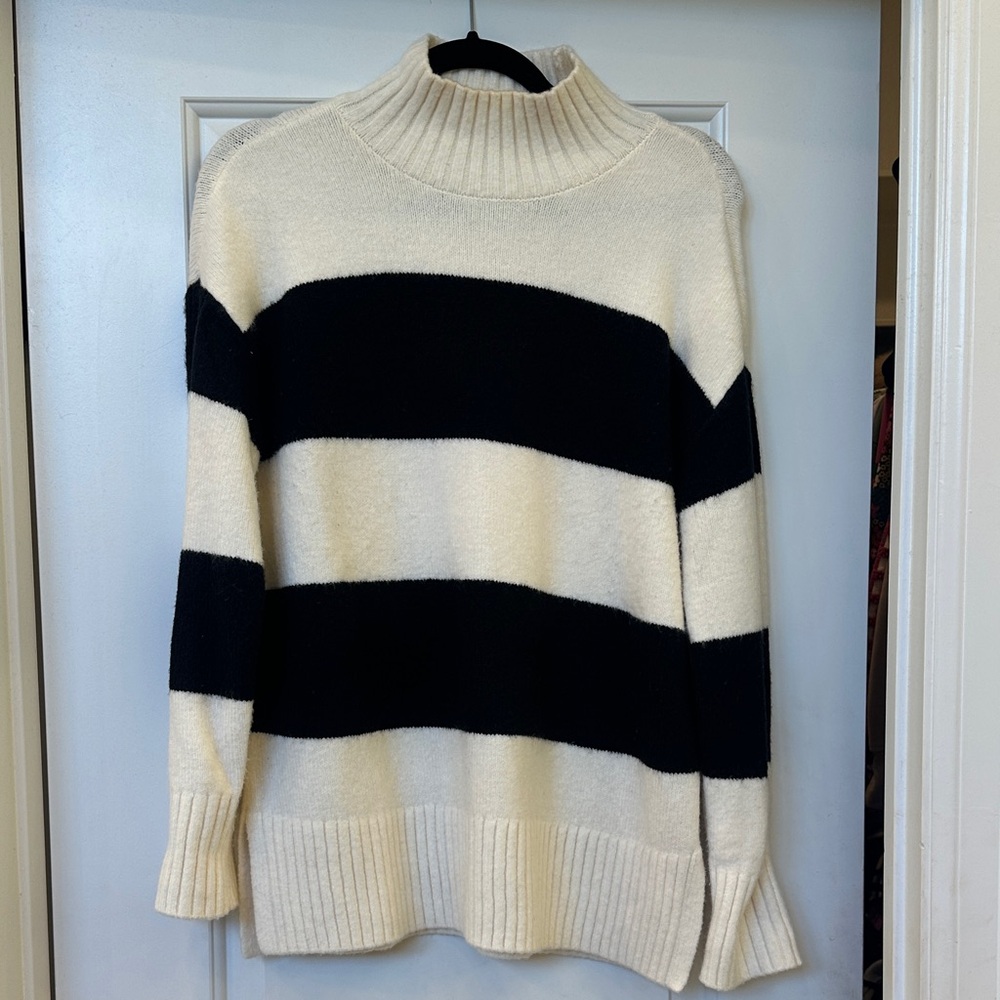 LOFT Black and Cream Striped Sweater